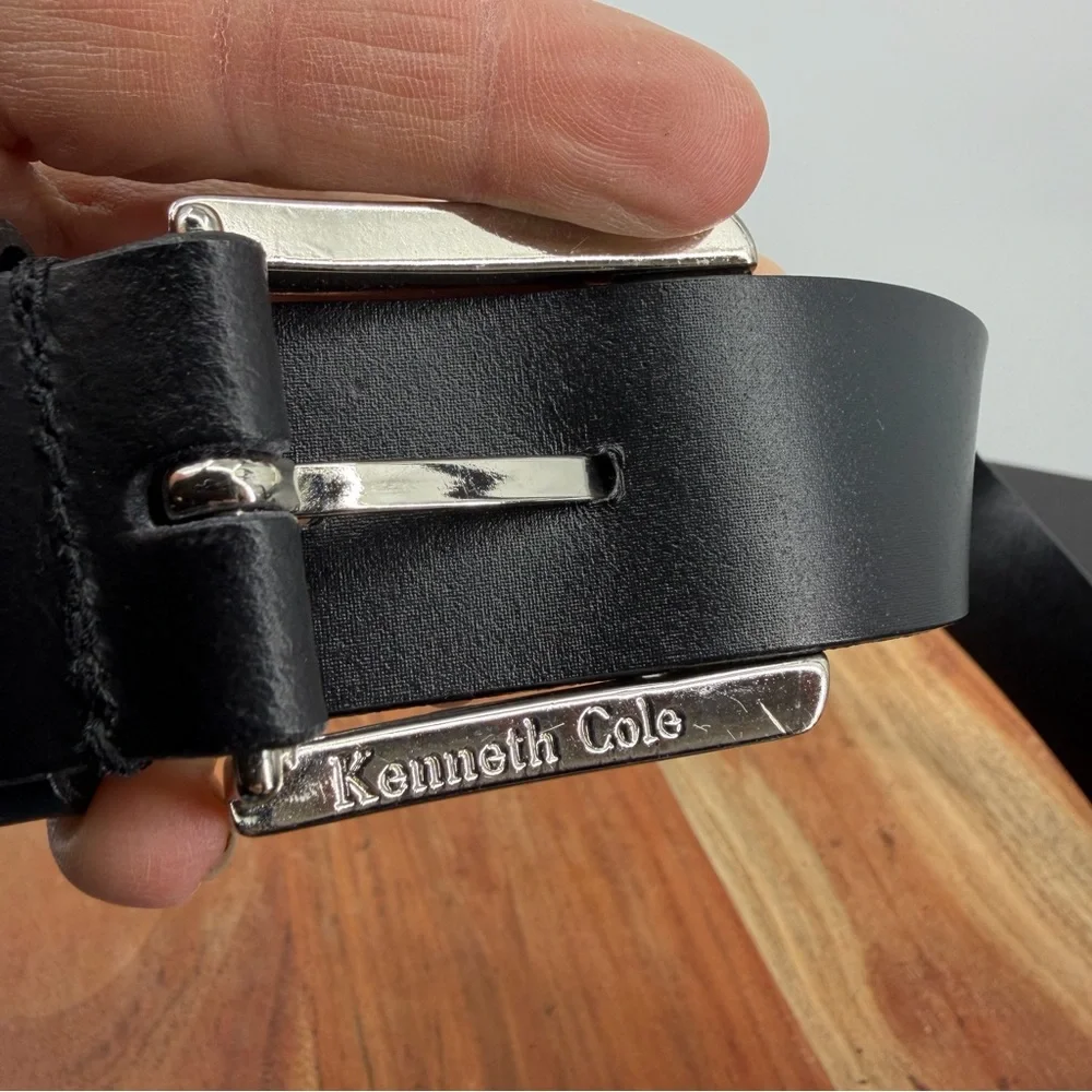 Kenneth Cole New York‎ Mens Black Leather Belt silver Buckle Sz 38 1-3/8”Wide